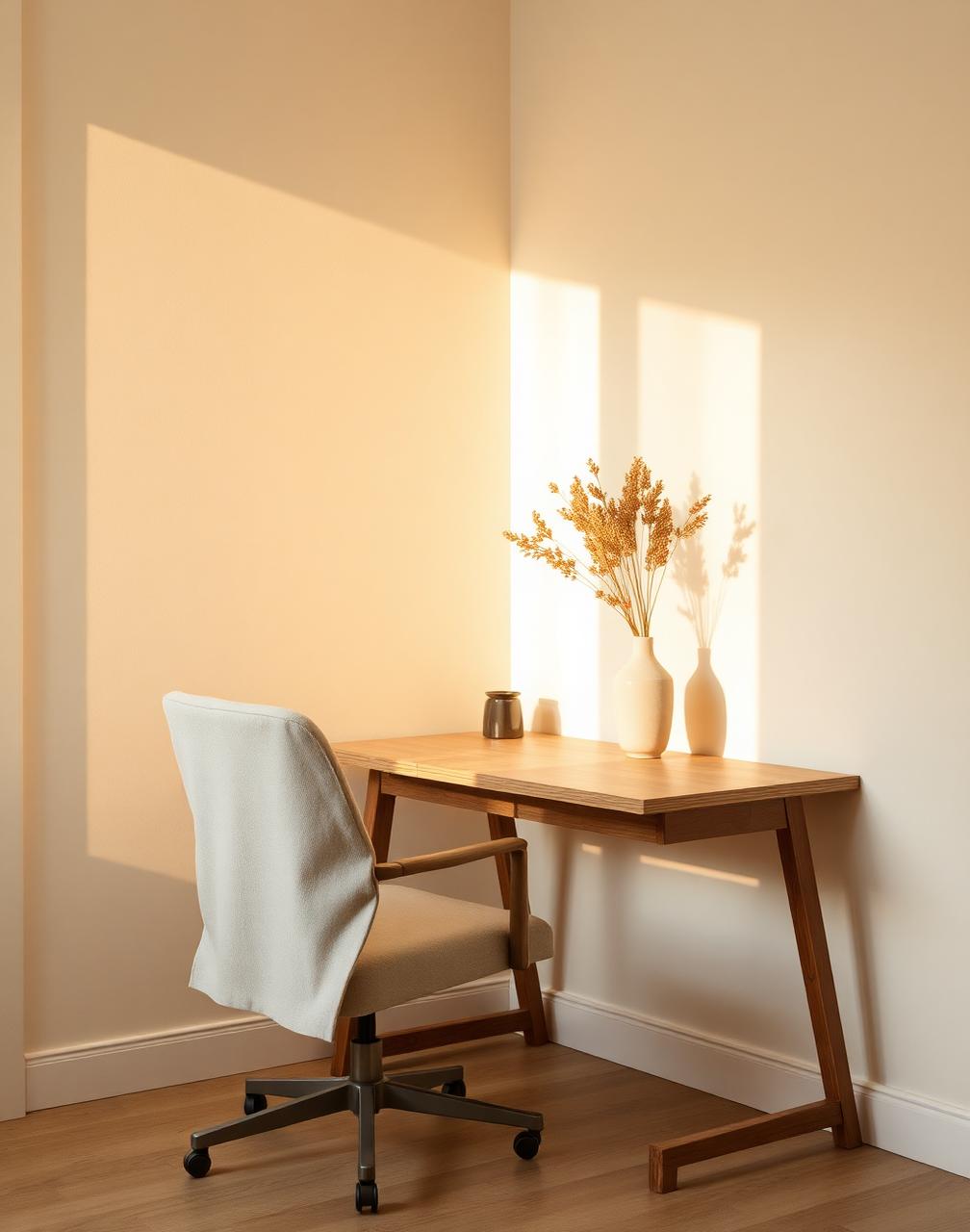 Consultório sereno com mesa de madeira e luz dourada da manhã