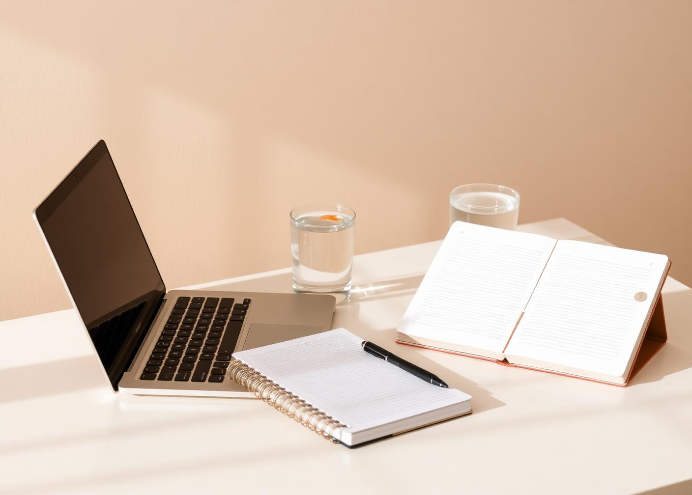 Mesa de atendimento online com laptop, caderno e copo de água em luz natural